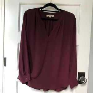 Loft Burgundy Split Neck Flowy Tunic Blouse
